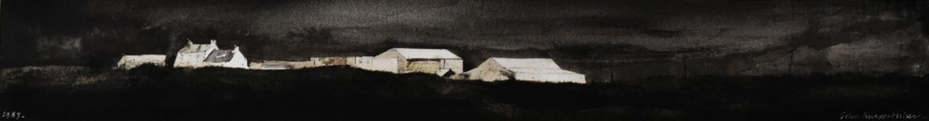 JOHN KNAPP FISHER watercolour - dark landscape with white-washed buildings, entitled verso on