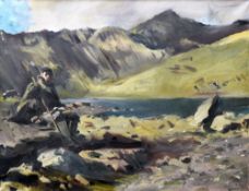 HOWARD MORGAN (1949 -) oil on canvas - powerful landscape of Llyn Llydaw and Snowdon with seated