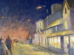 GARETH PARRY oil on board - street scene at night with figures and motorcar, signed and with