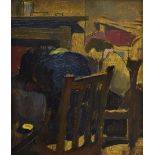 THOMAS RATHMELL oil on board - interior scene with two seated figures in wooden chairs by a table