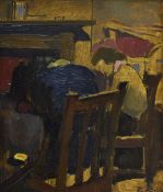 THOMAS RATHMELL oil on board - interior scene with two seated figures in wooden chairs by a table