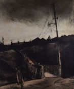 GEORGE CHAPMAN artist's print etching - South Wales valley scene with figures, entitled 'The