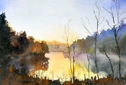 DAVID GROSVENOR watercolour - misty lake scene, signed and entitled verso 'Llyn Hafod y Llyn' and