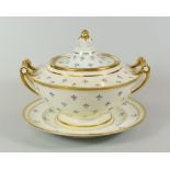 A SWANSEA PORCELAIN SAUCE TUREEN & STAND raised on a circular base and having up-turned spindle