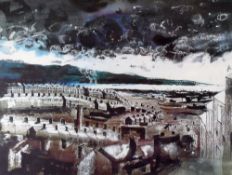 JOHN PIPER colour print (believed Gregynog Press) - rows of terraced houses and headland 'Swansea