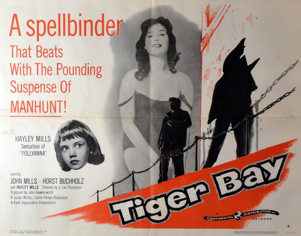 FILM POSTER FOR 'TIGER BAY' starring Hayley Mills and John Mills, framed, 55 x 69cms