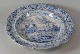 SWANSEA CAMBRIAN POTTERY LARGE RARE BOWL in the blue and white 'Gate House' transfer with cattle and