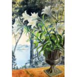 FELICITY CHARLTON watercolour - study of white lilies beside a lake, signed verso on Watercolour