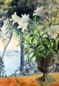 FELICITY CHARLTON watercolour - study of white lilies beside a lake, signed verso on Watercolour