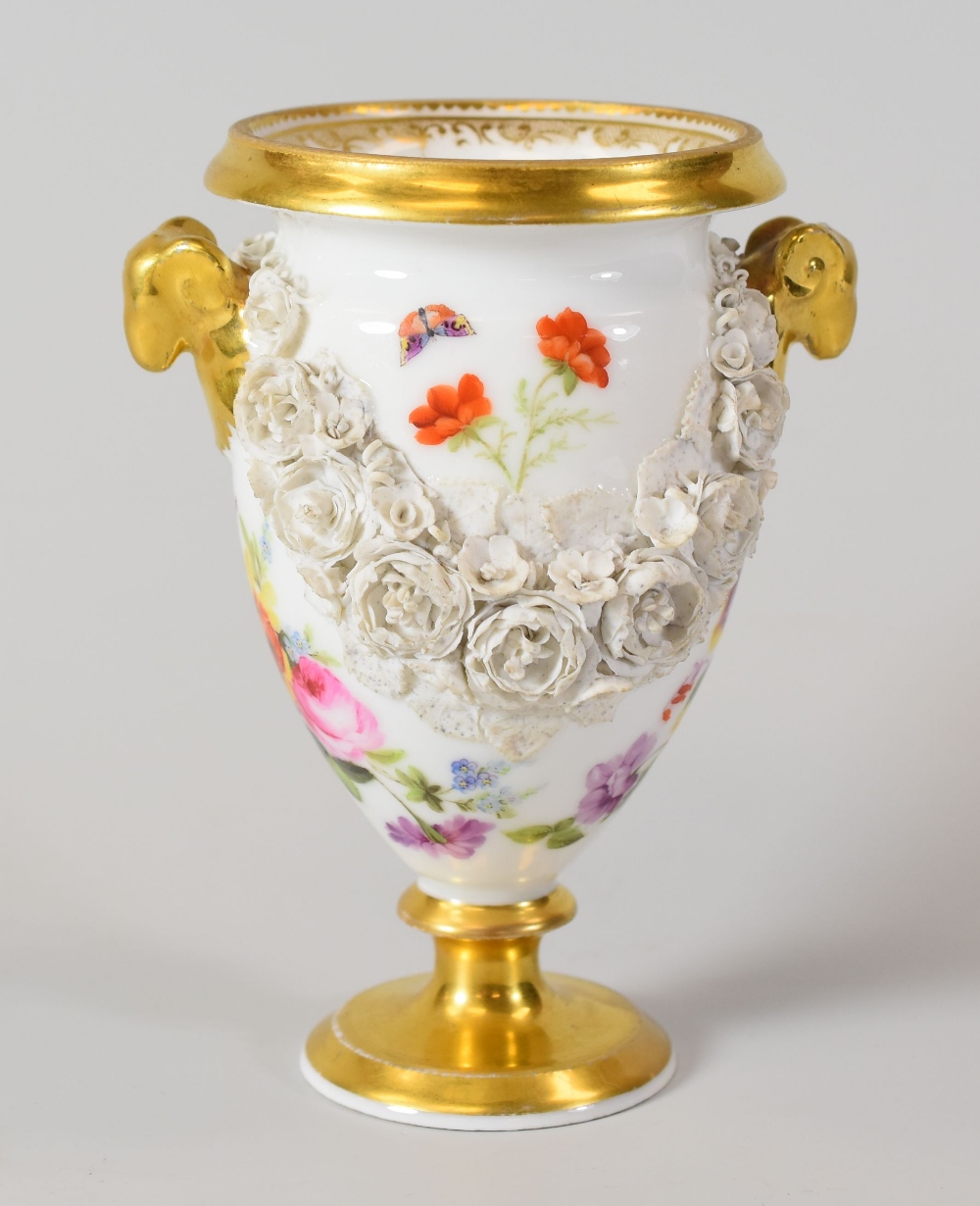 SWANSEA PORCELAIN URN SHAPED VASE having twin ram's head handles, a thick everted rim and the body - Image 2 of 2