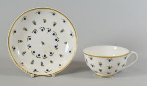 A NANTGARW PORCELAIN 'HENSOL CASTLE' CUP & SAUCER with blue berries and gilded leaves and with