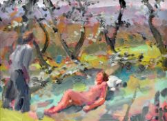KEVIN SINNOTT oil on board - two figures relaxing in an orchard setting, signed with initials and