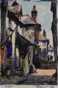 WILL EVANS mixed media - narrow old Cornish street, entitled 'St Ives' signed and dated 1957, 21 x