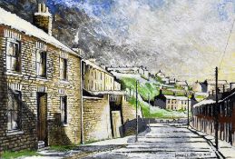 HOWELL DAVIES acrylic - South Wales valley street scene with terraced houses, entitled verso '