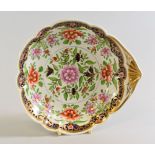 A SWANSEA PORCELAIN SHELL SHAPED DISH decorated in the Imari palette with stylised chrynsanthemum