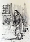 KAREL LEK pen and ink on paper - pedestrian lady shopper on a street, signed, 37 x 27cms