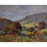 JOSH FISHER watercolour - landscape with shepherd and flock with cottage beyond, signed, 22 x 27cms