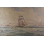 ALFRED PARKMAN watercolour - sailing vessels and rowing boats off The Gower with lighthouse