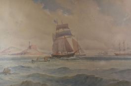 ALFRED PARKMAN watercolour - sailing vessels and rowing boats off The Gower with lighthouse