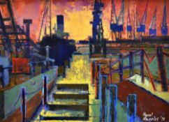 HYWEL HARRIES oil on board - historical view of Cardiff docks with ships and cranes, signed and