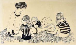 CLAUDIA WILLIAMS ink wash - mother with four children relaxing in the outdoors, signed in full, 20 x