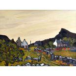 DAVID BARNES oil on board - landscape with buildings and dry-stone walls, entitled 'The Old Farm',