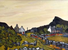 DAVID BARNES oil on board - landscape with buildings and dry-stone walls, entitled 'The Old Farm',