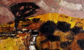 GWILYM PRICHARD oil on board - Anglesey landscape with trees, signed with initials, 30 x 50cms