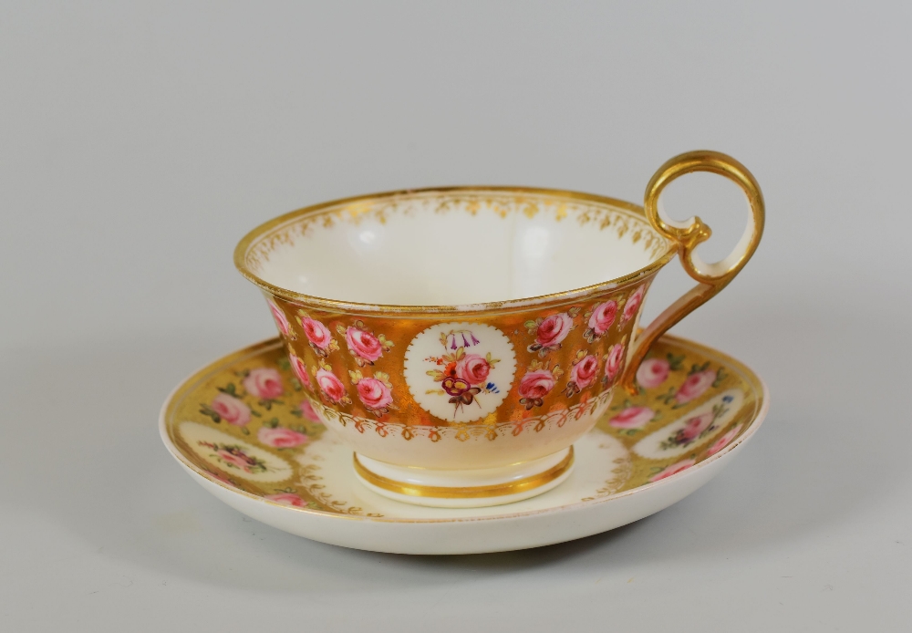 A NANTGARW PORCELAIN CUP & SAUCER decorated with pink roses and floral sprays to four cartouches and - Image 2 of 2