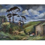 EDWARD WILLIAMS oil on canvas - North Wales farmstead with farmer and cattle, entitled 'Hen Dom