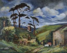 EDWARD WILLIAMS oil on canvas - North Wales farmstead with farmer and cattle, entitled 'Hen Dom