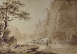 W PAYNE sepia watercolour - river gorge with rowing boat and figures, circa 1800, signed, 19 x