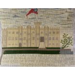 A FRAMED PICTORIAL WOOL SAMPLER of Cardiff Castle with flag atop and 'CARDIFF CASTLE THE SEAT OF THE