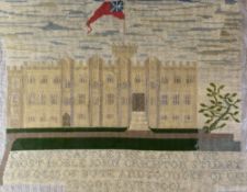 A FRAMED PICTORIAL WOOL SAMPLER of Cardiff Castle with flag atop and 'CARDIFF CASTLE THE SEAT OF THE