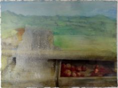 IVOR DAVIES tempura and crayon on paper - landscape with apples, entitled verso on Bruton Gallery