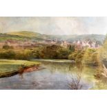 ARTHUR MILES watercolour - the river Teifi with Newcastle Emlyn beyond, signed and dated '82, 26 x