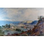 ALFRED PARKMAN watercolour - panoramic view of Swansea Bay with Oystermouth Castle, harvesters,