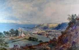 ALFRED PARKMAN watercolour - panoramic view of Swansea Bay with Oystermouth Castle, harvesters,