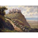 GEORGE EDWARD LOWE oil on board - Harlech Castle with distant yachts and figure on a path, signed,