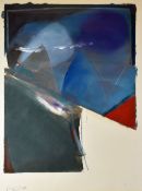 ROGER CECIL mixed media - semi-abstract landscape with blue mountains, signed, 56 x 44cms