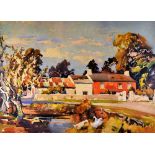 WILL EVANS watercolour - a view of Great Lunnon Farm with pond and trees, Gower Peninsula, unsigned,