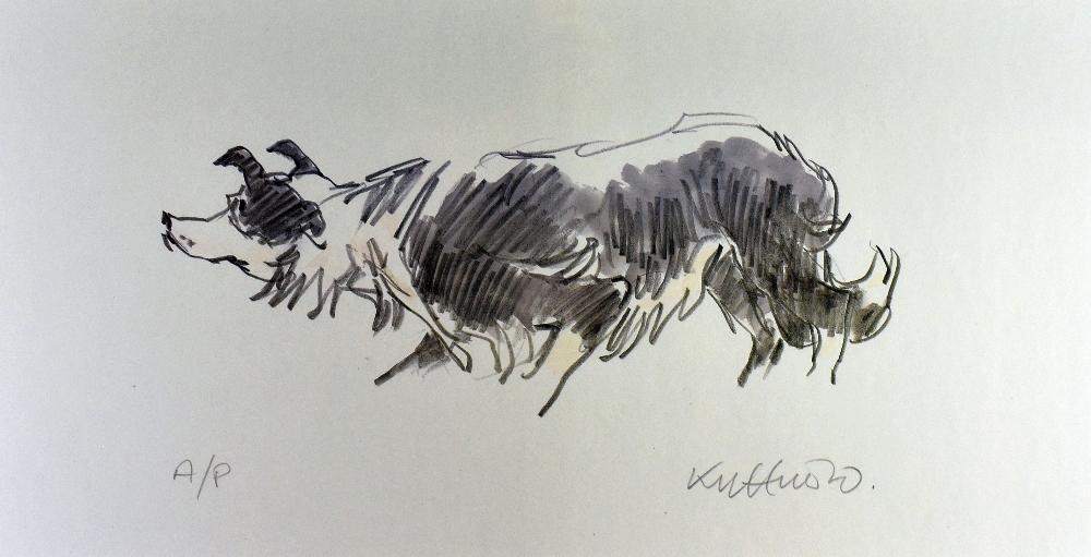 SIR KYFFIN WILLIAMS RA artist's proof print - sheepdog 'Mot' in prowling position, signed fully in