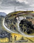 IRENE BACHE watercolour - South Wales landscape with terraced cottages and hill-top pylons, entitled