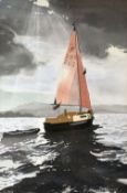 T LEONARD EVANS watercolour - sailing boat in shaft of light, entitled verso 'Boat in Estuary',