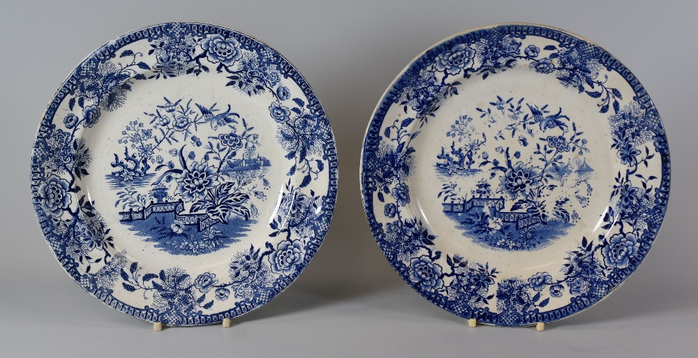 A PAIR OF SWANSEA 'VERANDAH' PLATES with blue and white transfer, 24cms diam