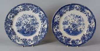 A PAIR OF SWANSEA 'VERANDAH' PLATES with blue and white transfer, 24cms diam