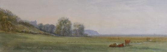 JAMES HARRIS watercolour - salt-marshes at Llanrhidian, Gower with cattle grazing and Weobely Castle