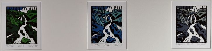 ANN LEWIS series of three limited edition (2/10) linocut prints framed as one - each of waterfalls