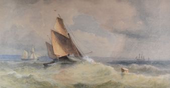 JAMES HARRIS watercolour - squally Swansea Bay sailing scene with buoy marked 'EST', signed, 29 x