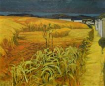 JOHN ELWYN oil on board - golden cornfield under a stormy sky with buildings and sea beyond, 50 x